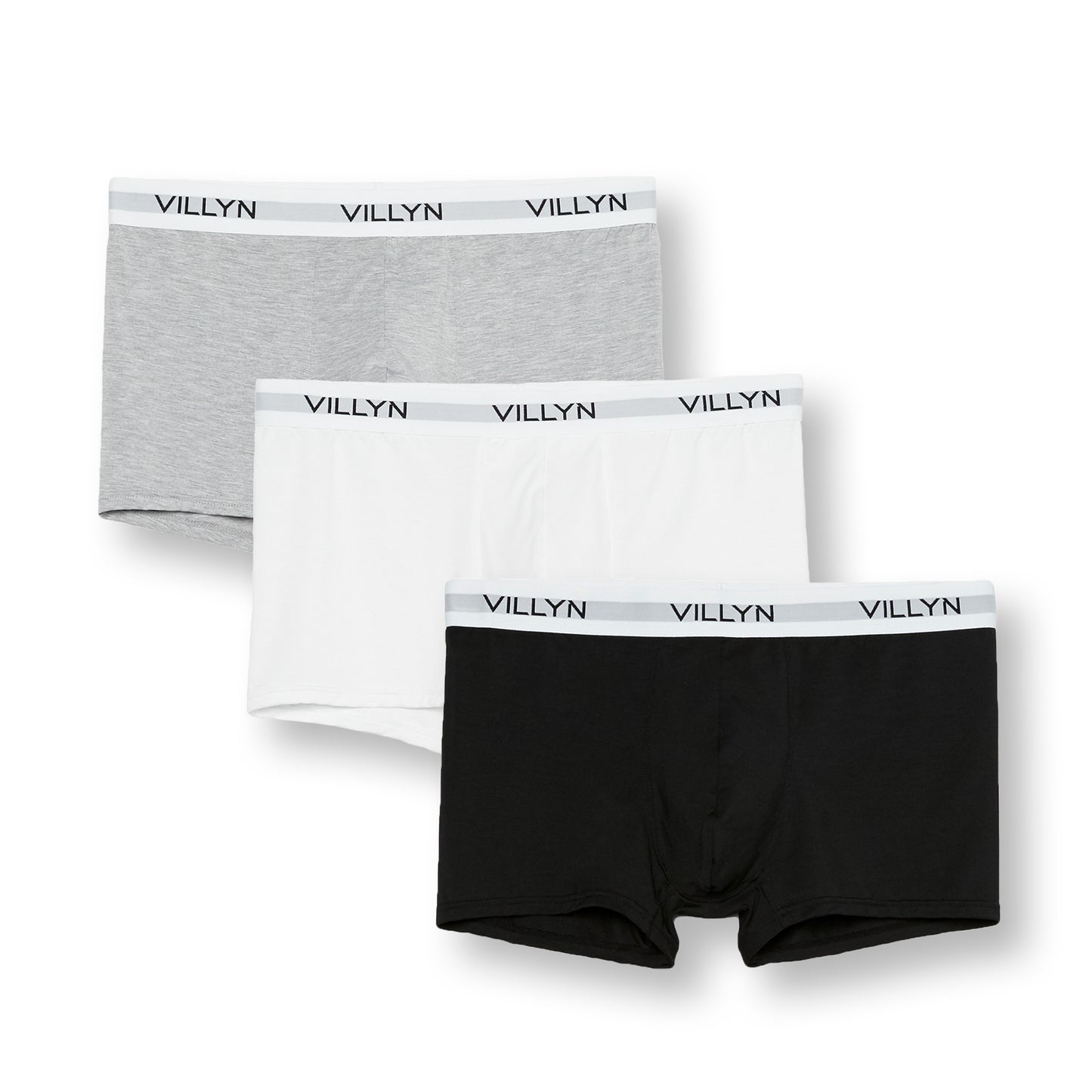 A three-pack of VILLYN Origin modal boxer-trunks in heather grey, white, and black, featuring a thinner waistband with repeating logo.